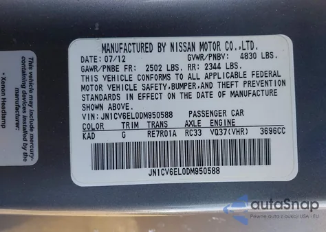 2013 Infiniti G37X z USA, uszkodzony, nr VIN JN1CV6EL0DM950588